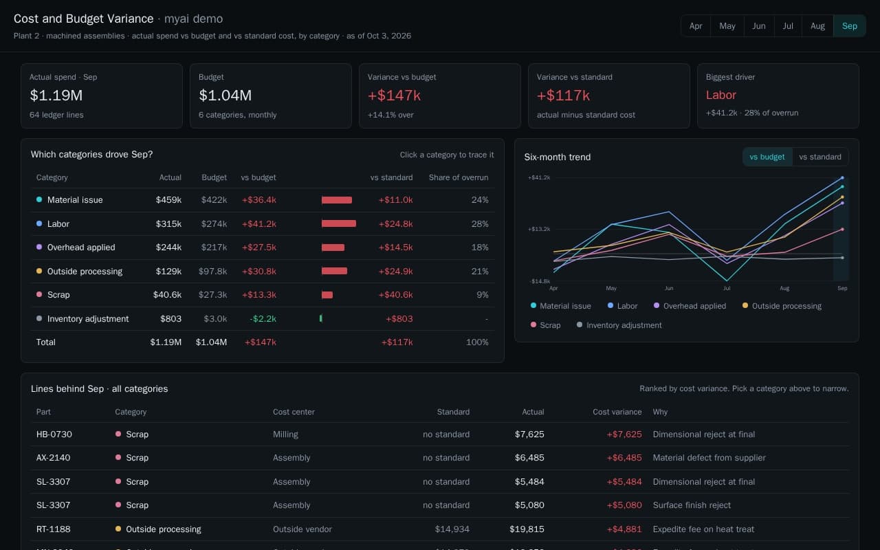Cost and budget variance app showing actual spend against budget and standard by category, with a six-month trend