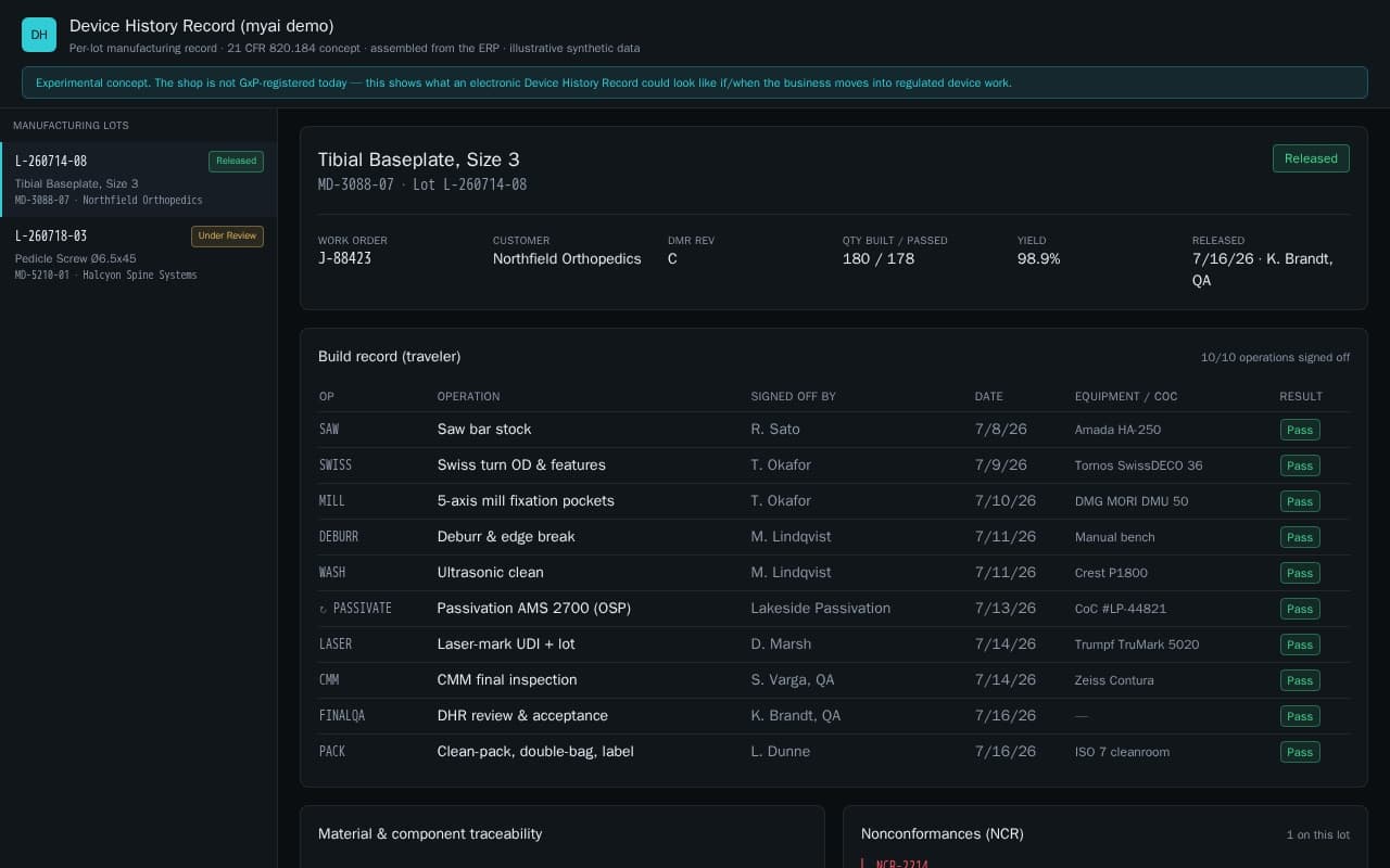 Device history record app showing a lot's traveler, material traceability, inspections, and release