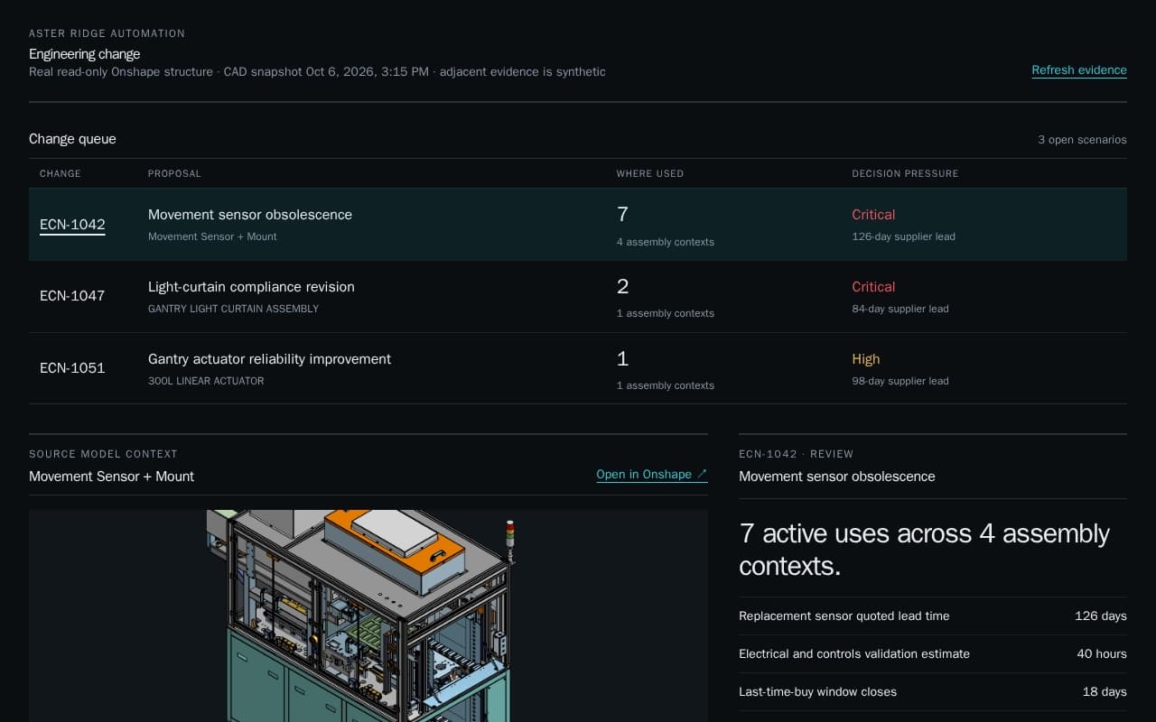 Engineering change app showing the CAD revision, where it is used, open orders and inventory affected, and the decision record
