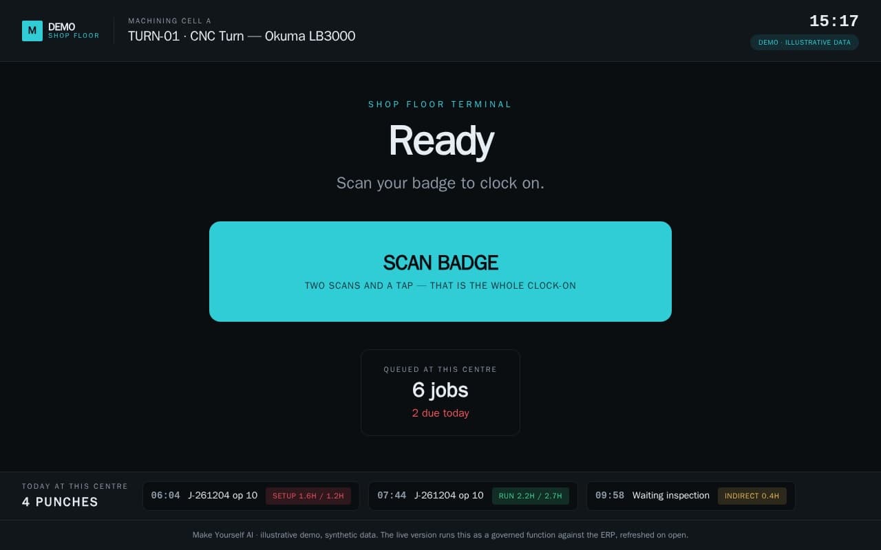 Operator terminal app for logging and tracking jobs against ERP and MES data