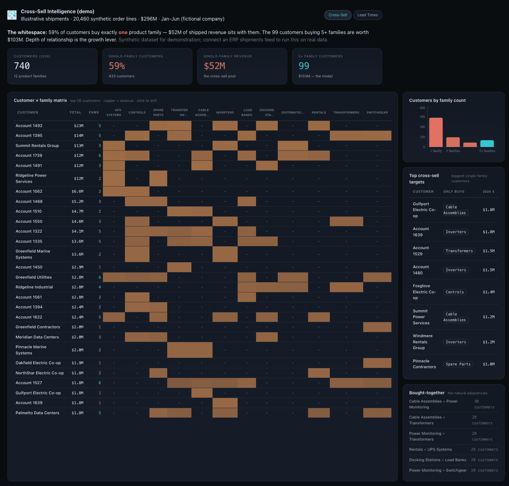 Cross-sell intelligence app showing a customer by product-family whitespace matrix with single-family customer stats