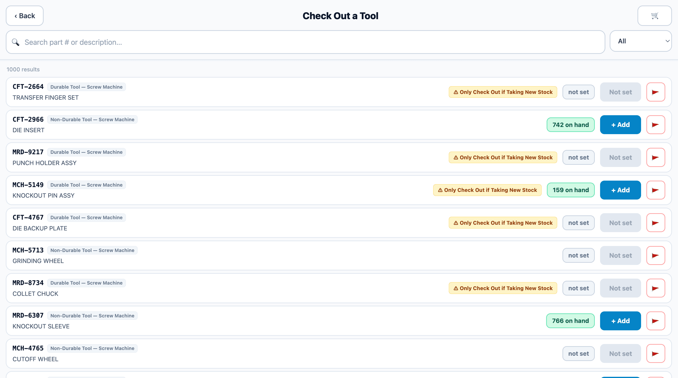 Tool checkout app for managing tooling and other durable shop-floor inventory