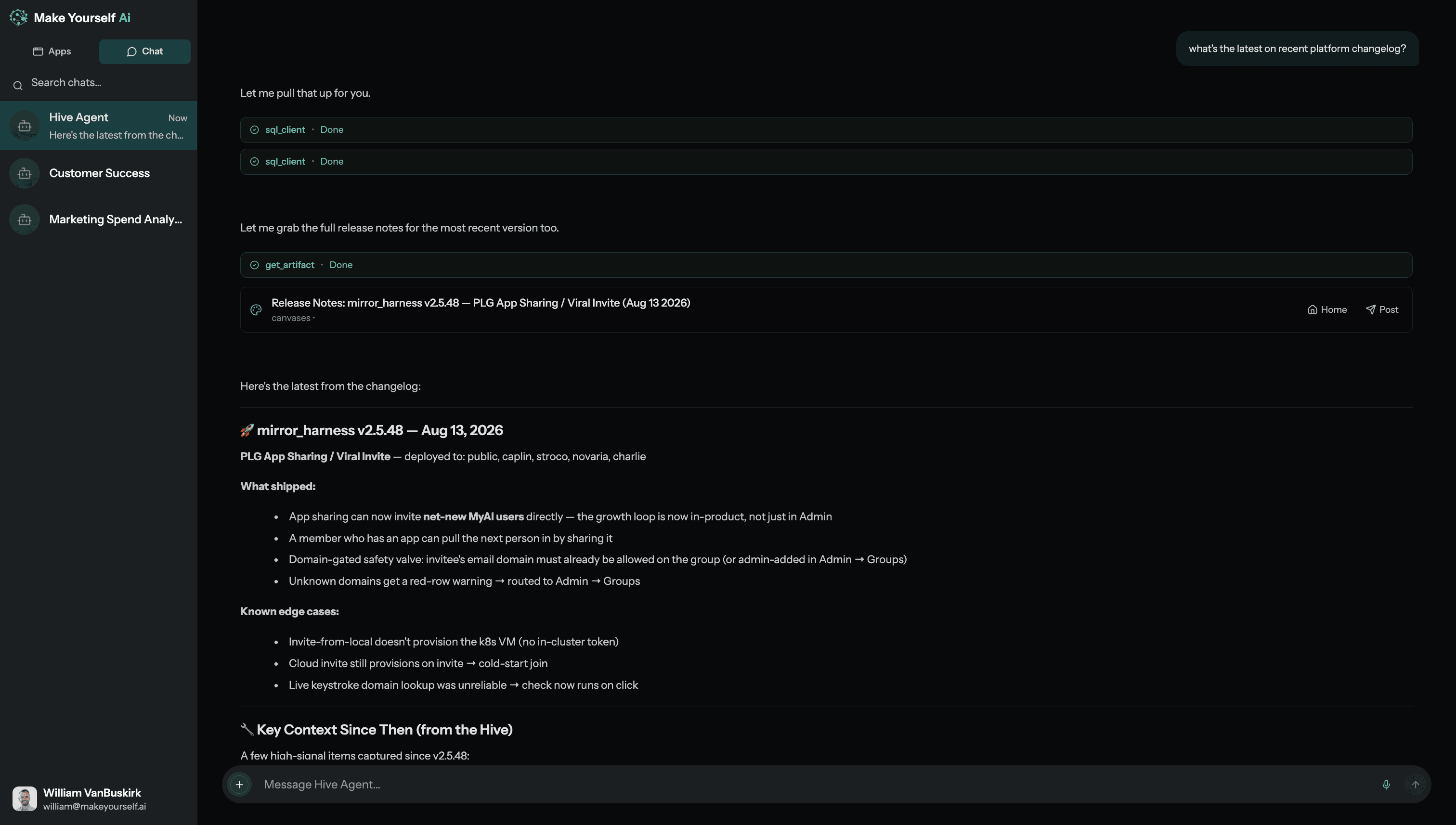 myai chat showing an agent gathering evidence and returning an operational answer