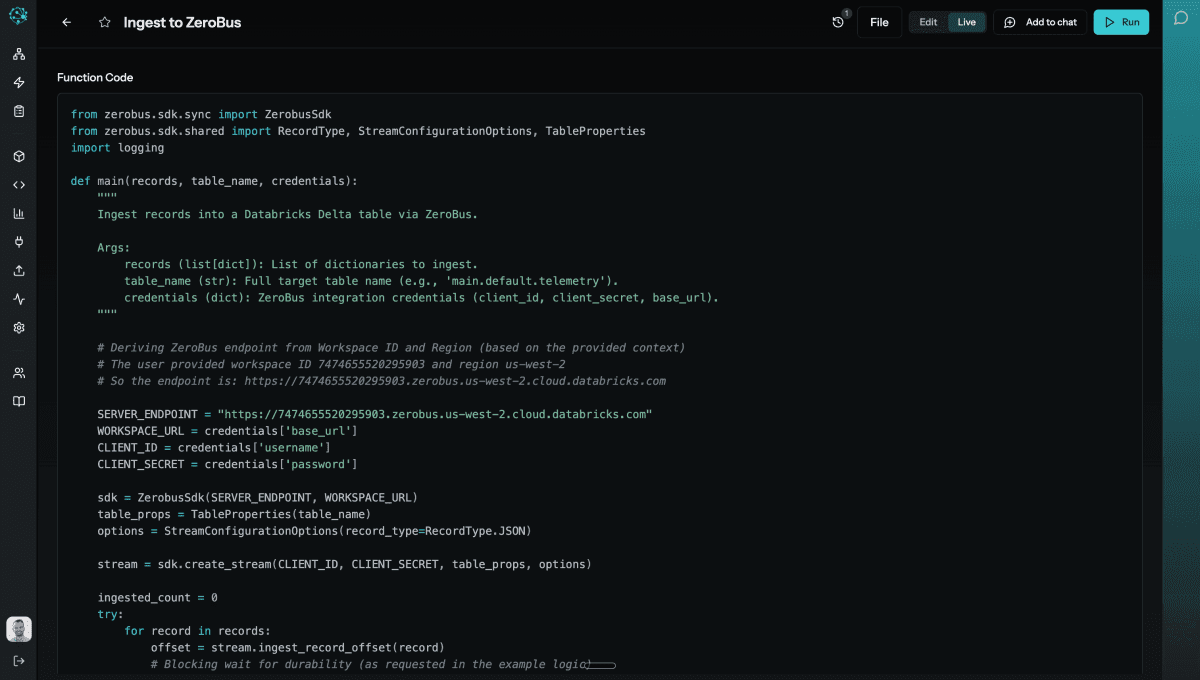 myai functions page showing a Python function in a sandboxed editor