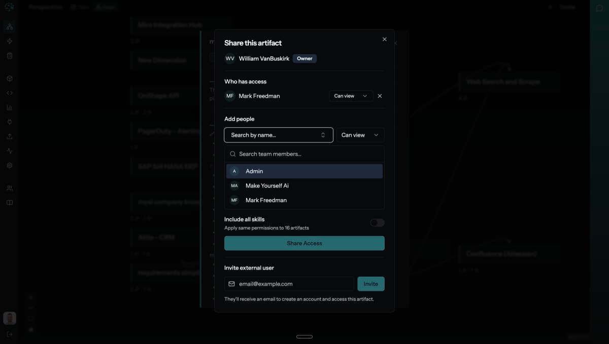 myai share modal showing user permissions and artifact sharing options